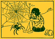 Image 
of Miss Muffet on tuffet with spider nearby.